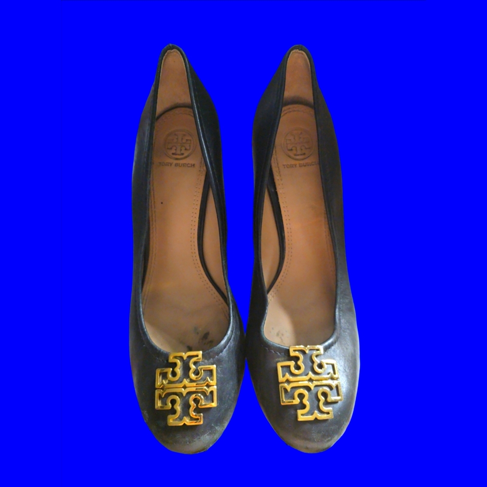 Tory Burch black leather platform heels size 8.5